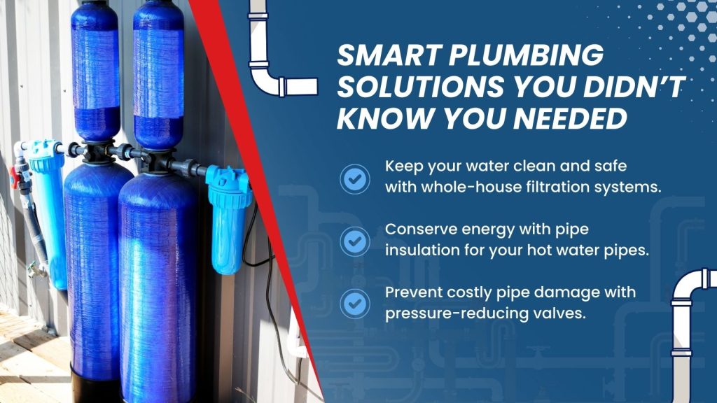 This is an image of a water filtration system. The headline reads; Smart plumbing solutions you didn't know you needed.