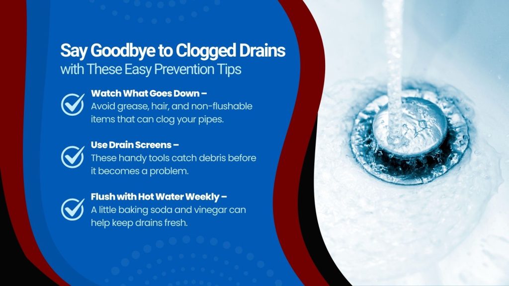 This is an image of a clean flowing sink drain. The headline reads; Say goodbye to clogged drains with these easy prevention tips.