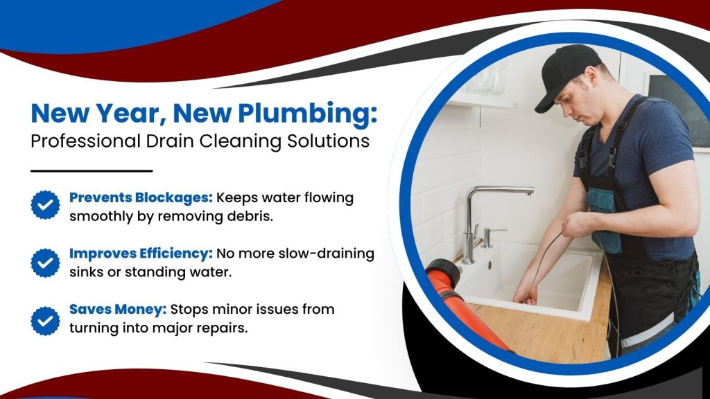 This is an image of a plumber cleaning a kitchen drain. The headline reads; New year, new plumbing: Professional drain cleaning solutions.