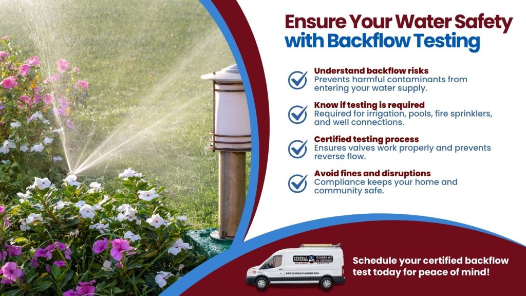 This is an image of a sprinkler head. The headline reads ensure your water safety with backflow testing.